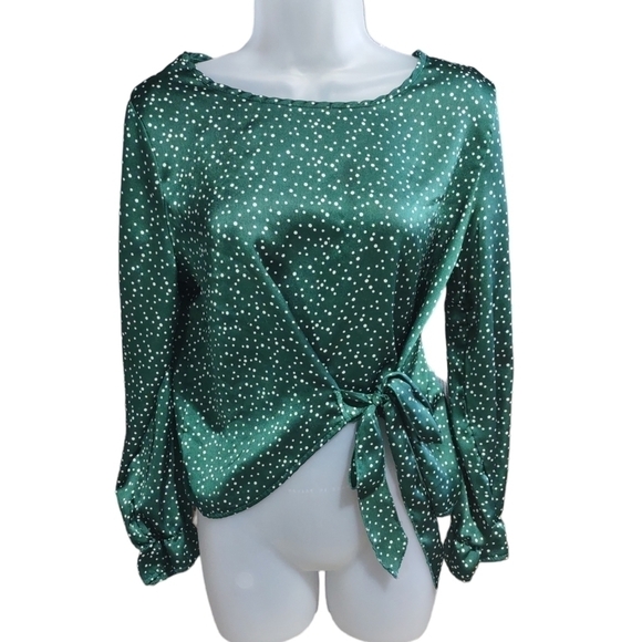 Tops - Women's Cropped Side Tie Polka Dot Top Blouse,  Kelly Green, M